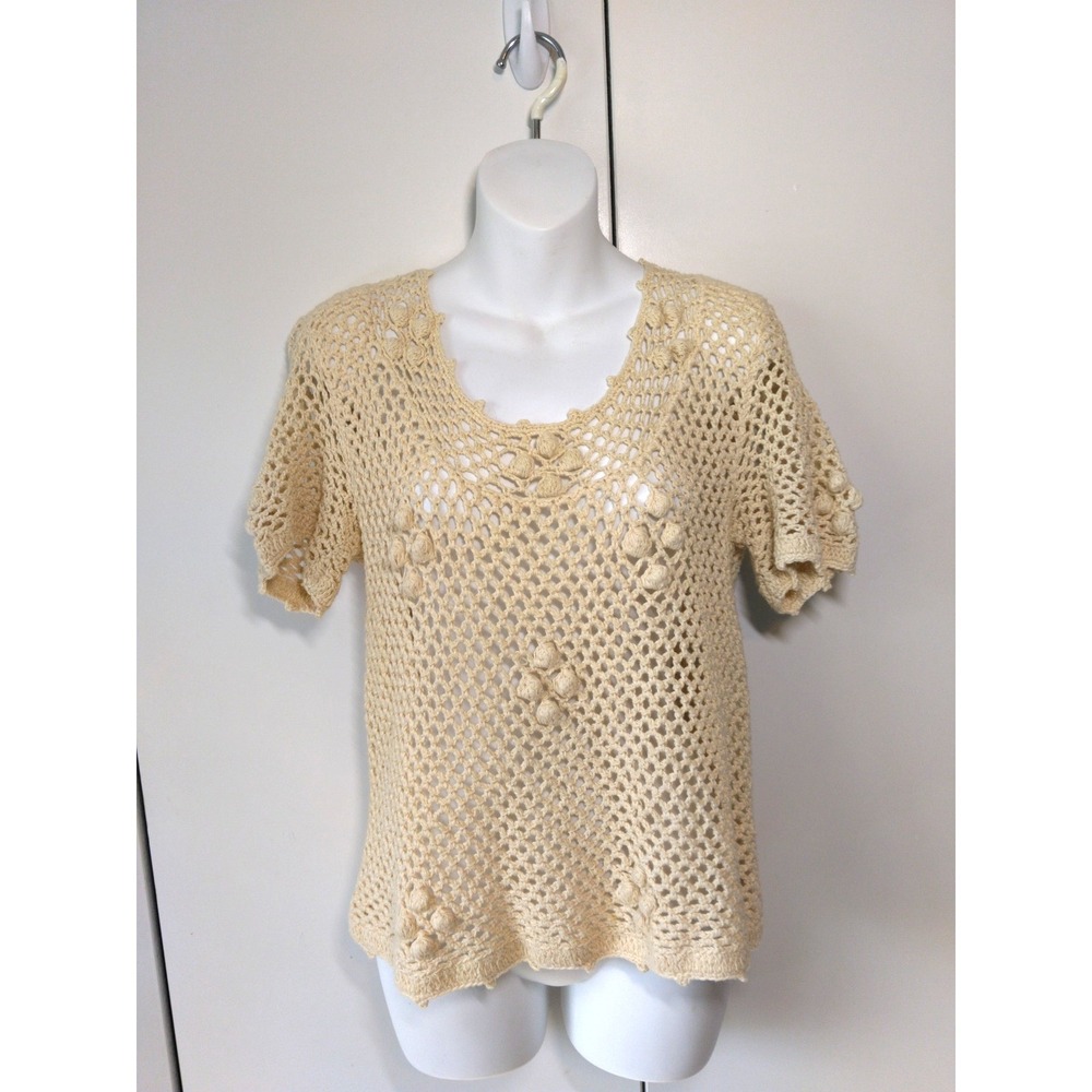 Womens Crocheted Open Knit Top Size S‎ Boho Coastal Grandma Cottage Shabby Chic